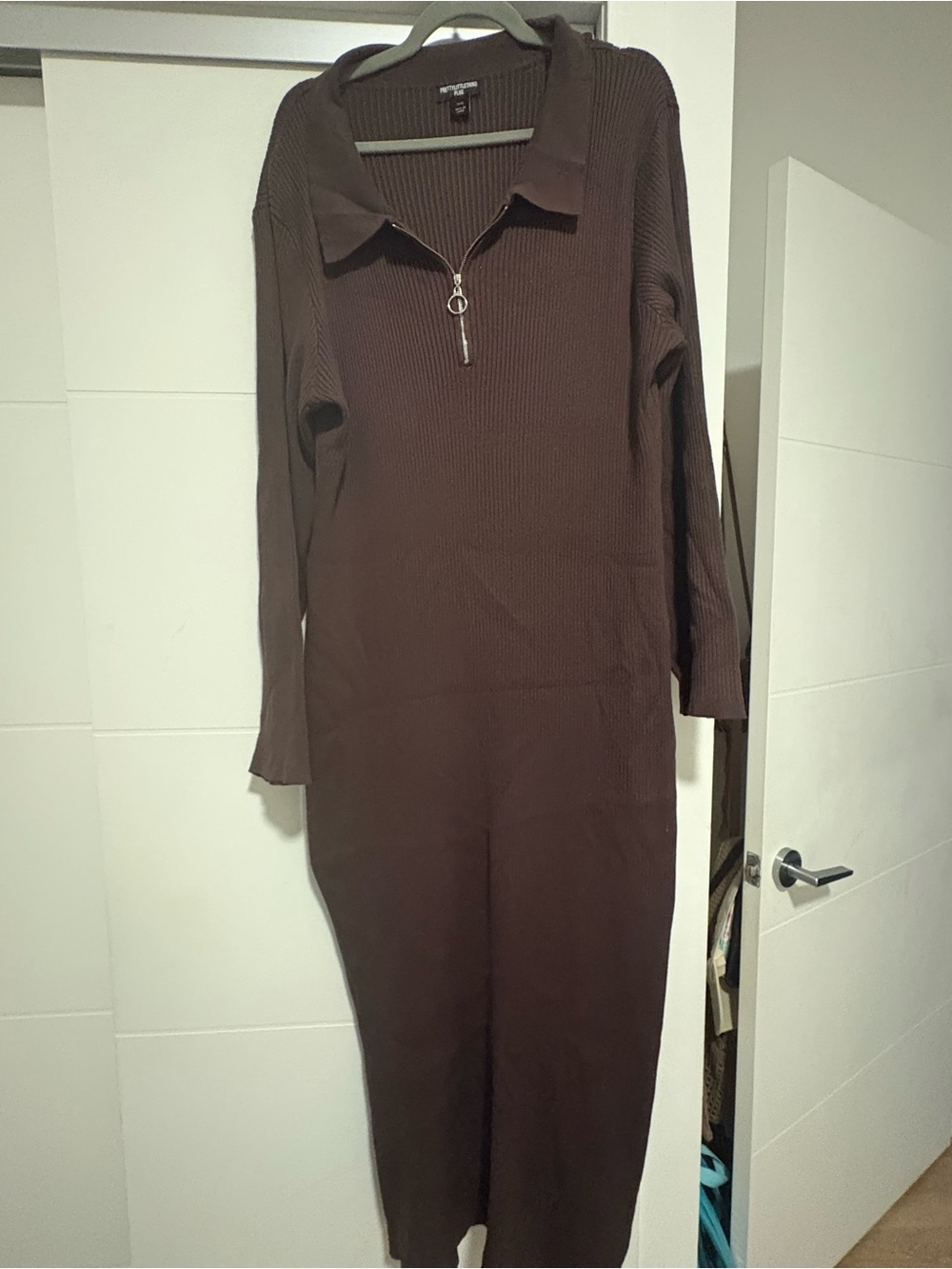 Pretty Little Thing Plus Size Long Rib-Knit Brown Polo Dress with Zip